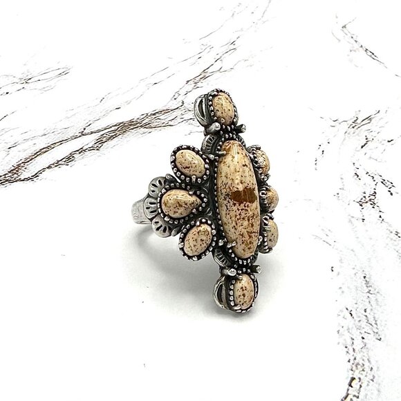 American West Picture Jasper Cluster 925 Sterling Silver Cocktail Ring Size 9 - Picture 6 of 7